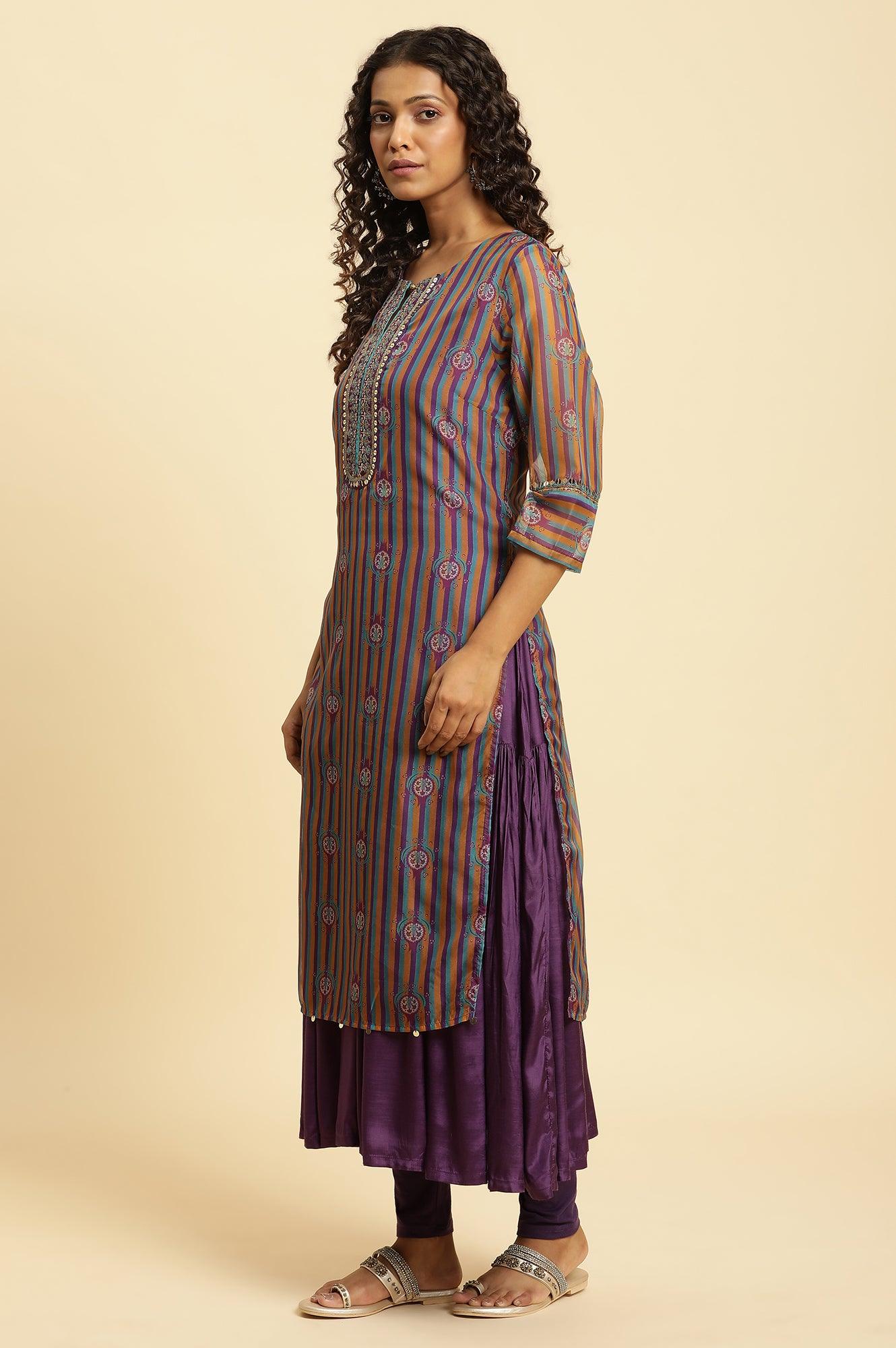 Purple Layered Suzani Printed Kurta, Tights And Dupatta Set - Image 4