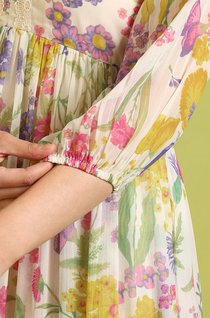 Floral Printed Flared Polyester Dress - Image 2