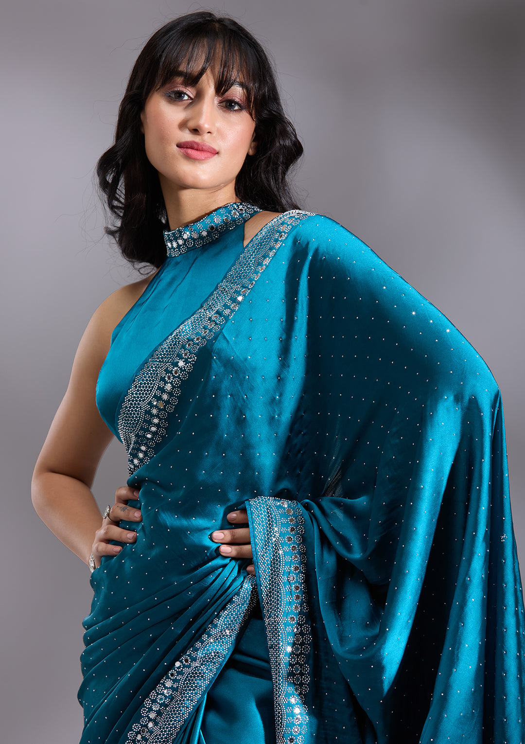 Peacock Blue Silver Stonework Satin Saree - Image 5