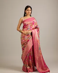 Rani Pink Grid Patterned Saree with Peacock Motifs - Image 5
